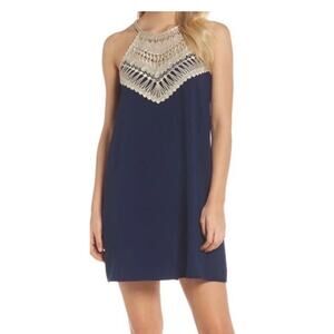Lilly Pulitzer Pearl Soft Mini Shift Dress Navy Blue Gold Lace Size 2 Resort